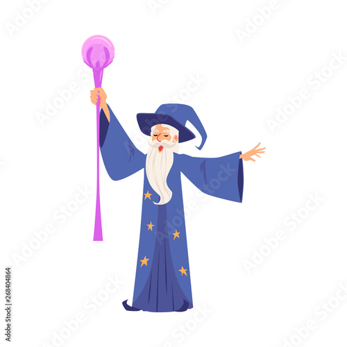 Wizard or magician creates magic flat vector illustration isolated on white.