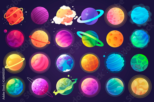 Vector set of cartoon planets. Colorful set of isolated objects. Space background. Fantasy planets. EPS 10
