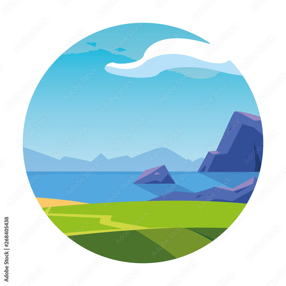 landscape with lake scene in frame circular
