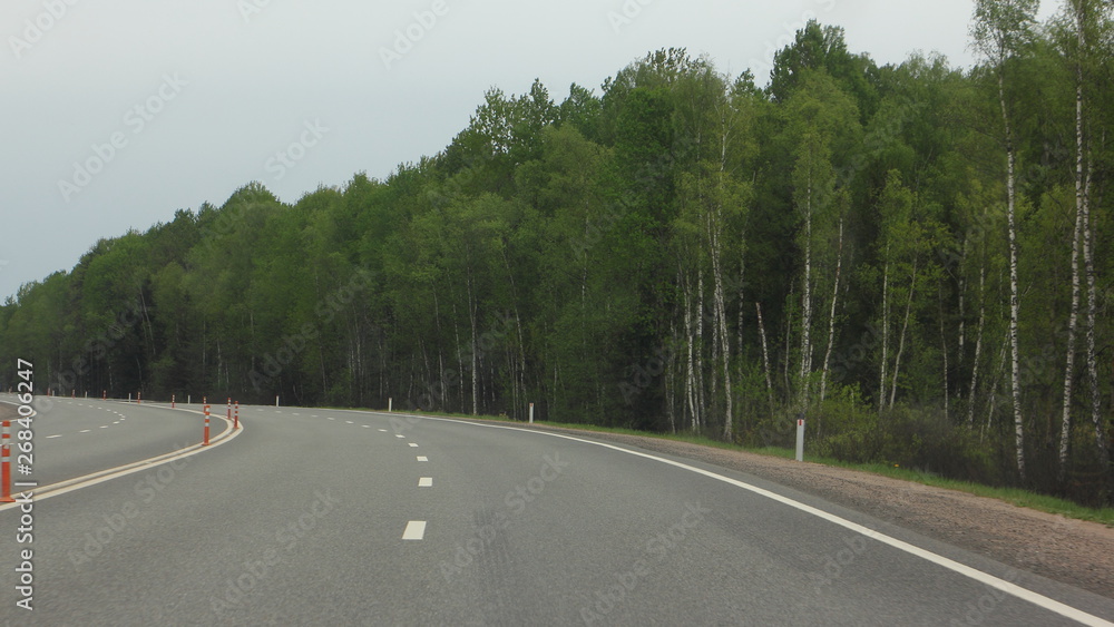 Naklejka premium View from driver seat - empty asphalt road turn on green forest background on summer day, travel, car tourism