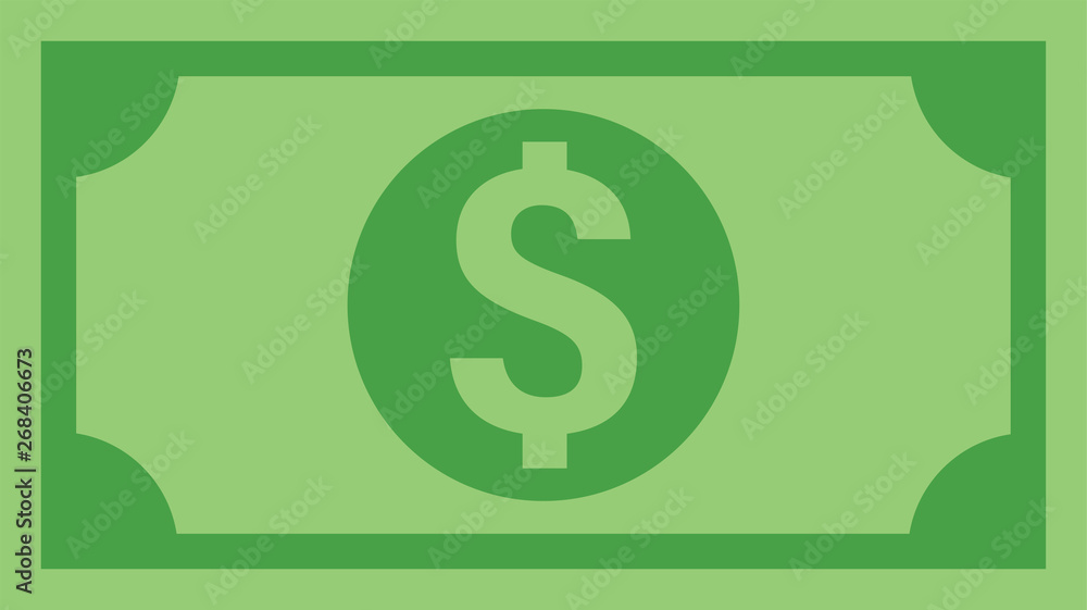 Dollar bill, green currency banknote, cash and money symbol. Flat vector illustration.
