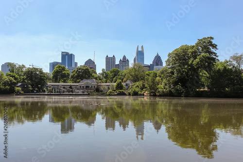 Swan family swimming in the lake of Piedmont park in Atlanta and amazing cityscape and reflections in the water