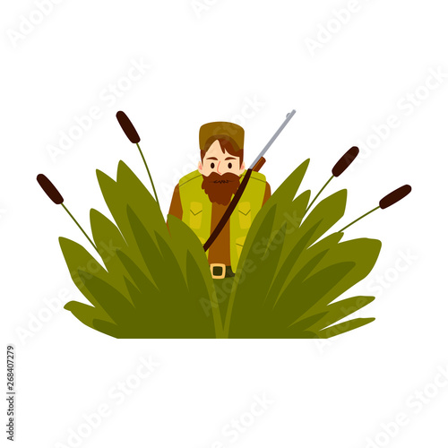 Hunter man in an ambush with rifle vector flat illustration isolated on white.
