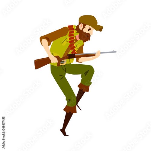 Hunter man with rifle vector flat illustration isolated on white background.