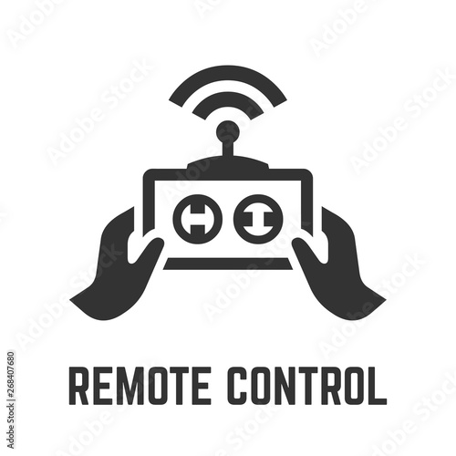 Remote control icon with wireless RC technology sign or joystick, hands, antenna and radio signal glyph symbol.
