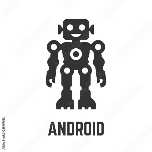 Android robot icon with humanoid intelligence cute machine or smart robotics technology glyph symbol.