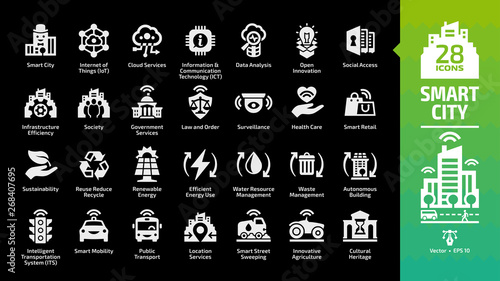 Smart city icon set on a black background with infrastructure efficiency, future digital urban, autonomous building and home, internet of things, information & communication technology ICT glyph sign.