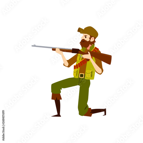 Hunter man with rifle gun aiming to shoot