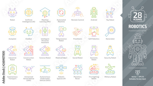 Robotics color outline icon set with industrial, construction, science, medical, social, domestic, security, underwater, spacecraft, planetary, military, fire fighting robot editable stroke line sign.