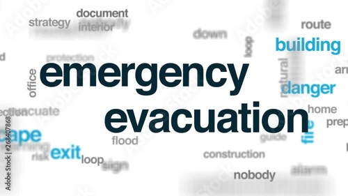 Emergency evacuation animated word cloud. Kinetic typography.