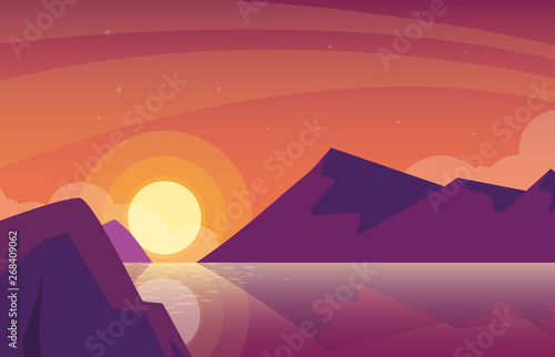 sunset landscape with lake scene icon © djvstock