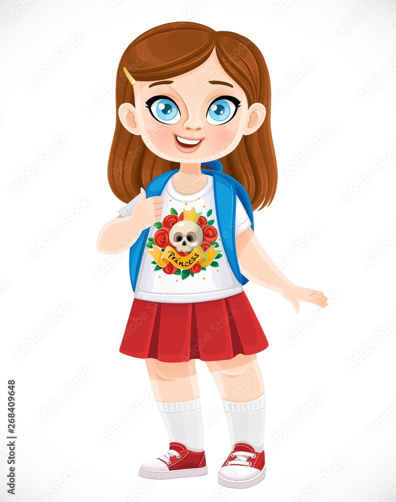 Cute cartoon brunette schoolgirl with backpack isolated on a white background Cute cartoon brunette schoolgirl with backpack isolated on a white background
