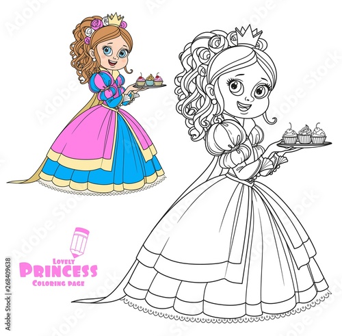 Beautiful princess with cupcakes on a plate color and outlined for coloring book isolated on white background
