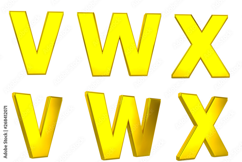Gold letters V, W, X, isolated on white background. Alphabet golden 3d Render (front and perspective) Path save. Gold letters V, W, X, isolated on white background. Alphabet golden 3d Render (front and perspective) Path save.
