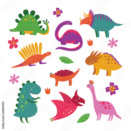 Set of cute cartoon dinosaurs  funny smiling dino collection for children