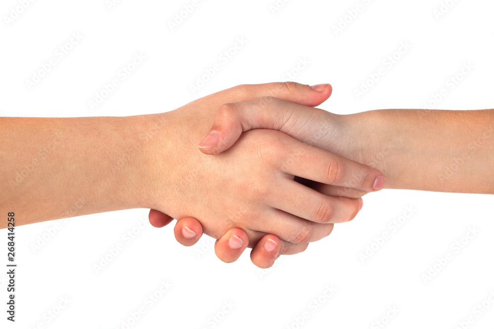 Closeup of people shaking hands isolated on white background Closeup of people shaking hands isolated on white background