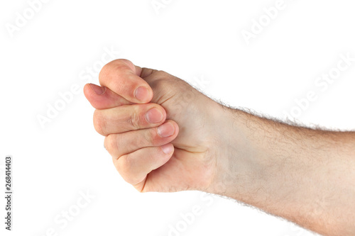 Close-up Man's Hand Clenching His Fist Over White Background