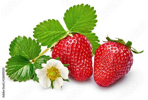 Strawberries with green leaf and flowers, isolated on white background.