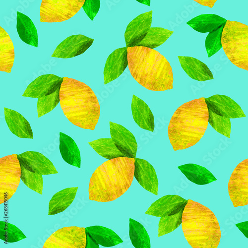 Seamless pattern with lemons.Tropical abstract background. Lemons on blue background. Hand drawn illustration