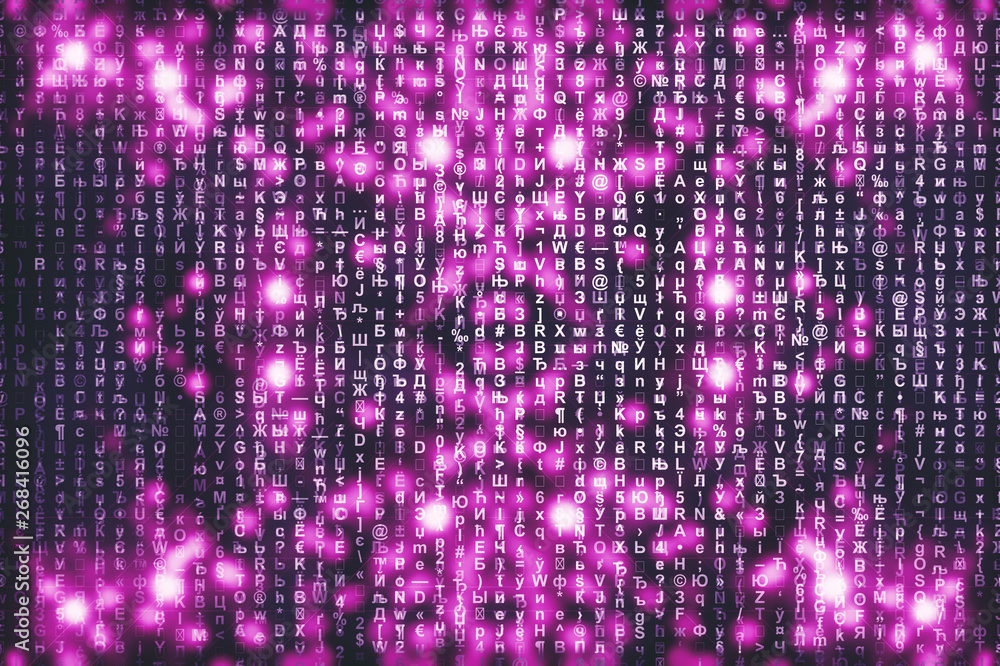 Pink matrix digital background. Abstract cyberspace concept. Characters fall down. Matrix from symbols stream. Virtual reality design. Complex algorithm data hacking. Pink digital sparks.