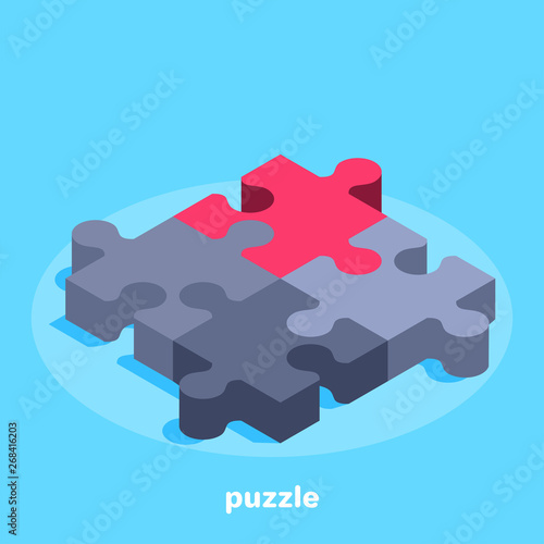 isometric vector image on a blue background, four pieces puzzle, one of which is red, business concept icon