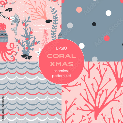 Underwater Coral Merry Christmas concept seamless vector pattern set in decorative Scandinavian style. Octopus in winter hat with decoration garland Fish with candy Seaweed Coral Starfish decorative