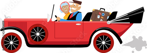 Couple of active seniors travelling in a vintage cabriolet car, EPS 8 vector illustration