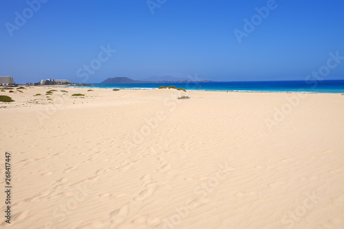Sand Dunes and beach in National Park Corralejo  Fuerteventura.
