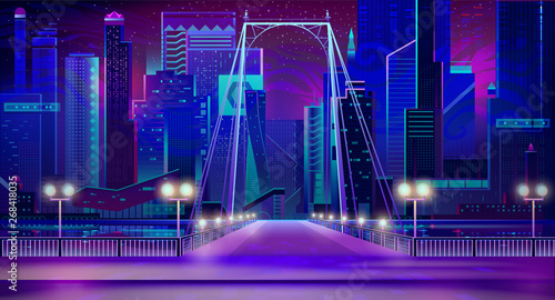 Night city with neon lights, bridge entry front view and quay with glowing lamps illumination. Futuristic cityscape background. Modern town buildings exterior architecture. Cartoon vector illustration