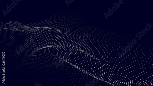 A wave of particles. Futuristic point wave. Vector illustration. Abstract blue background with a dynamic wave. Wave 3d
