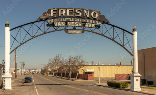 Van Ness Avenue Entrance to Downtown Fresno, California, USA. 