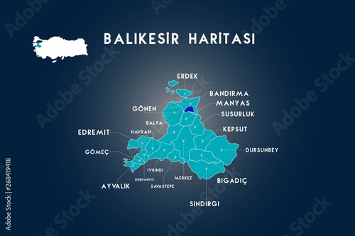 Balikesir districts Erdek, Bandirma, Manyas, Susurluk, Kepsut, Dursunbey, Bigadic, Sindirgi, Savastepe, ivrindi, Burhaniye, Ayvalik, Gomec, Edremit, Havran, Balya, Gonen map, Turkey