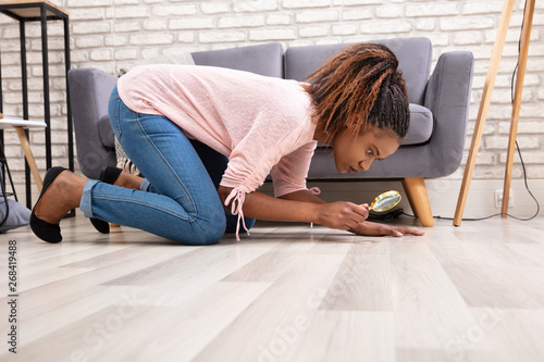 Woman Looking At Hardwood Floor Through Magnifying Glass