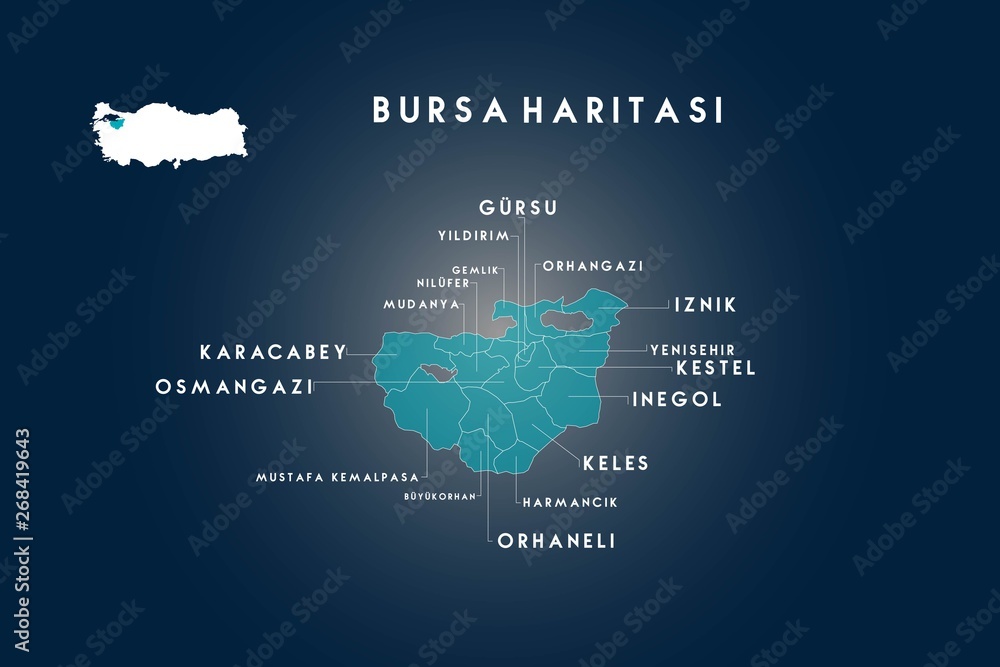 Obraz premium Bursa districts gursu, gemlik, yildirim, nilufer, mudanya, karacabey, osmangazi, mustafakemalpasa, buyukorhan, orhaneli, harmancik, keles, inegol, kestel, yenisehir, iznik, orhangazi map, Turkey