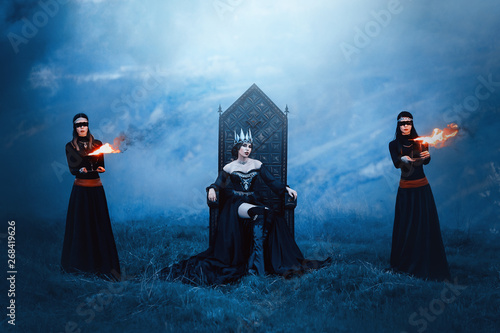 Schilderij op canvas majestic priestess in long black dress with bare shoulders, witch raven and two