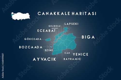 Canakkale districts Gelibolu, Eceabat, Lapseki, Gokceada, Bozcaada,  Ezine, Ayvacik, Can, Bayramic, Yenice, Biga map, Turkey photo