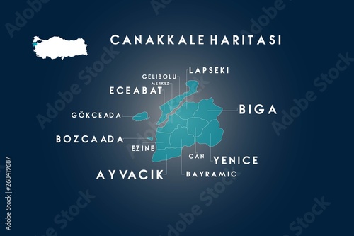 Canakkale districts Gelibolu, Eceabat, Lapseki, Gokceada, Bozcaada,  Ezine, Ayvacik, Can, Bayramic, Yenice, Biga map, Turkey