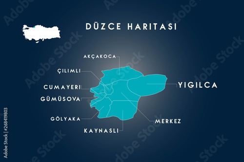 Duzce districts  akcakoca, cilimli, cumayeri, gumusova, golyaka, kaynasli, yigilca  map, Turkey photo