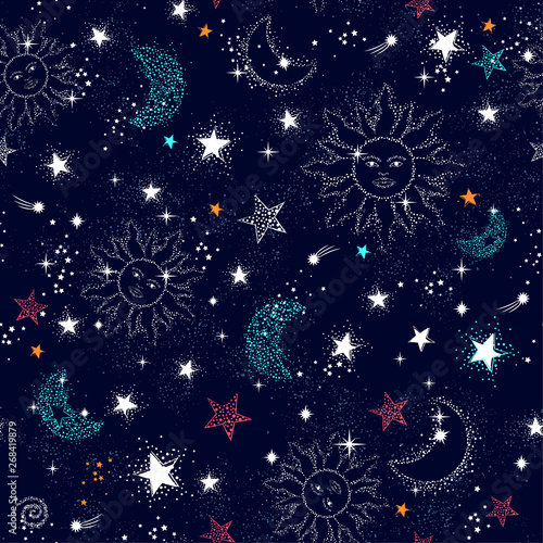 Space Galaxy constellation seamless pattern print could be used for textile, zodiac star yoga mat, phone case © transiastock