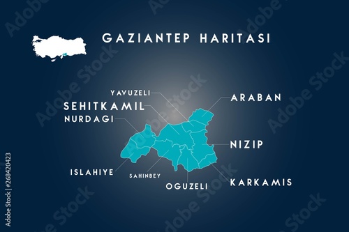 Gaziantep districts yavuzeli, islahiye, sehitkamil, nurdagi, sahinbey, oguzeli, karkamis, nizip, araban map, Turkey