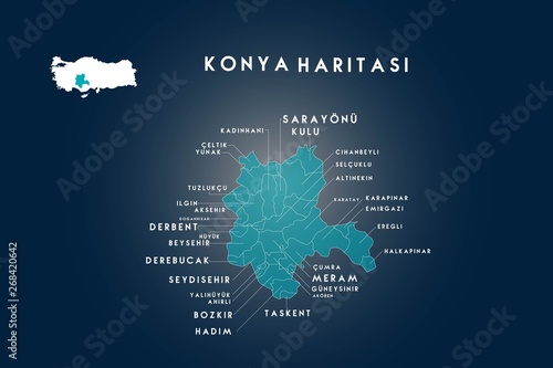 Konya districts kadinhani, celtik, yunak, tuzlukcu, ilgin, aksehir, doganhisar, derbent, beysehir, seydisehir, yalihuyuk, bozkir,sarayonu, kulu, hadim, taskent, cumra, meram, guneysinir map, Turkey