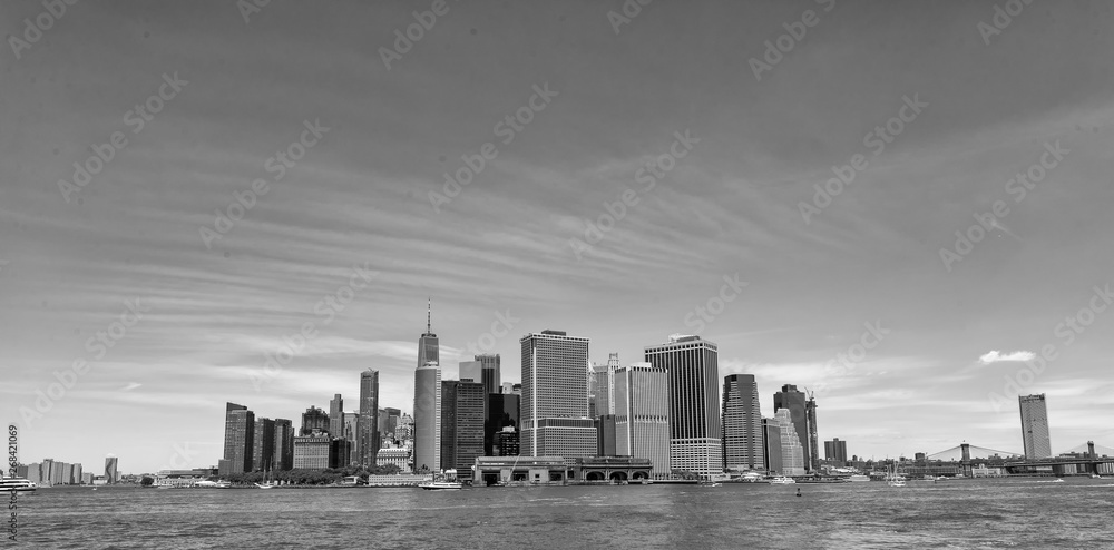 Skyline of lower Manhattan view from ferry