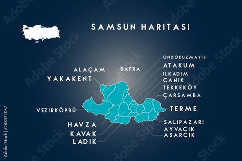 Samsun districts alacam, vezirkopru, yakakent, havza, kavak, ladik, bafra, ondokuzmayis, atakum, ilkadim, canik, tekkekoy, carsamba, terme, salipazari, ayvacik, asarcik map, Turkey