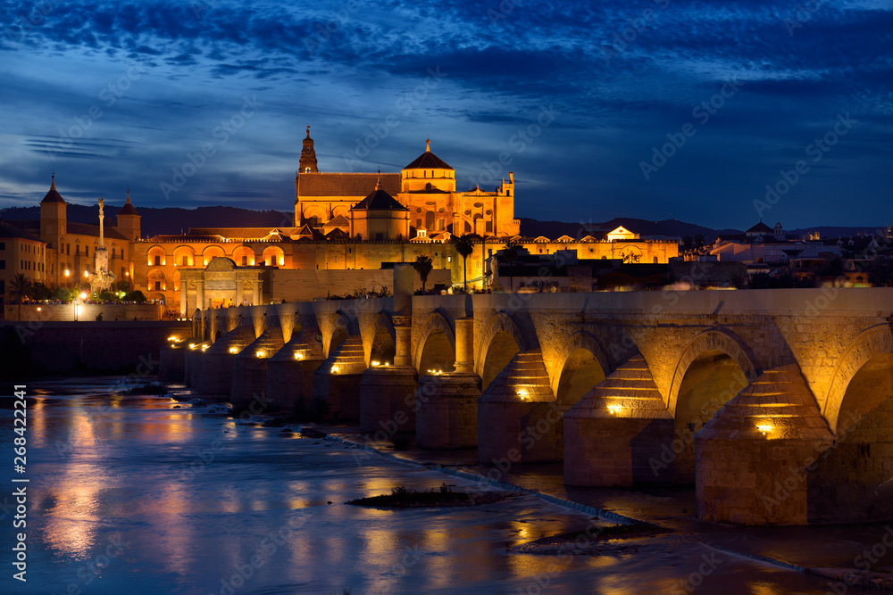 Night lights on Roman Bridge over the Guadalquivir River with Episcopal Palace and Cordoba Cathedral