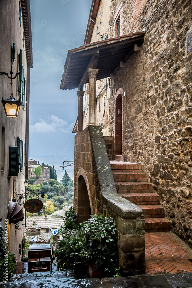 Street of the ancient town of Montalcino in Tuscany. Tuscany, Italy