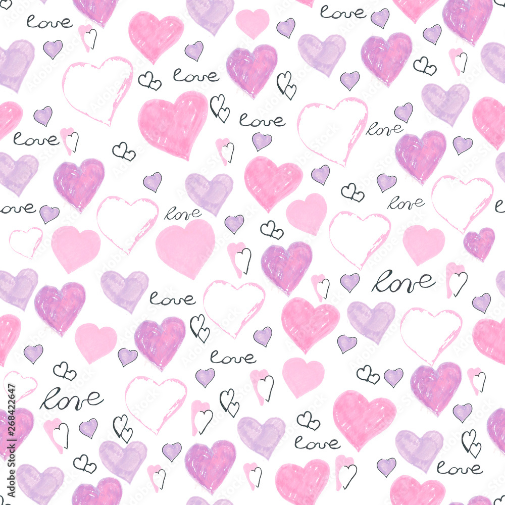 Watercolor seamless pattern of hearts. Illustration for fabrics, textiles, clothes, artwork, decoupage, greeting cards.