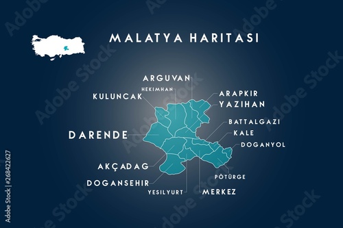 Malatya districts arguvan, hekimhan, kuluncak, darende, akcaagac, dogansehir, yesilyurt, poturge, doganyol, kale, battalgazi, yazihan, arapkir map, Turkey photo
