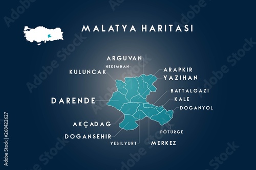 Malatya districts arguvan, hekimhan, kuluncak, darende, akcaagac, dogansehir, yesilyurt, poturge, doganyol, kale, battalgazi, yazihan, arapkir map, Turkey