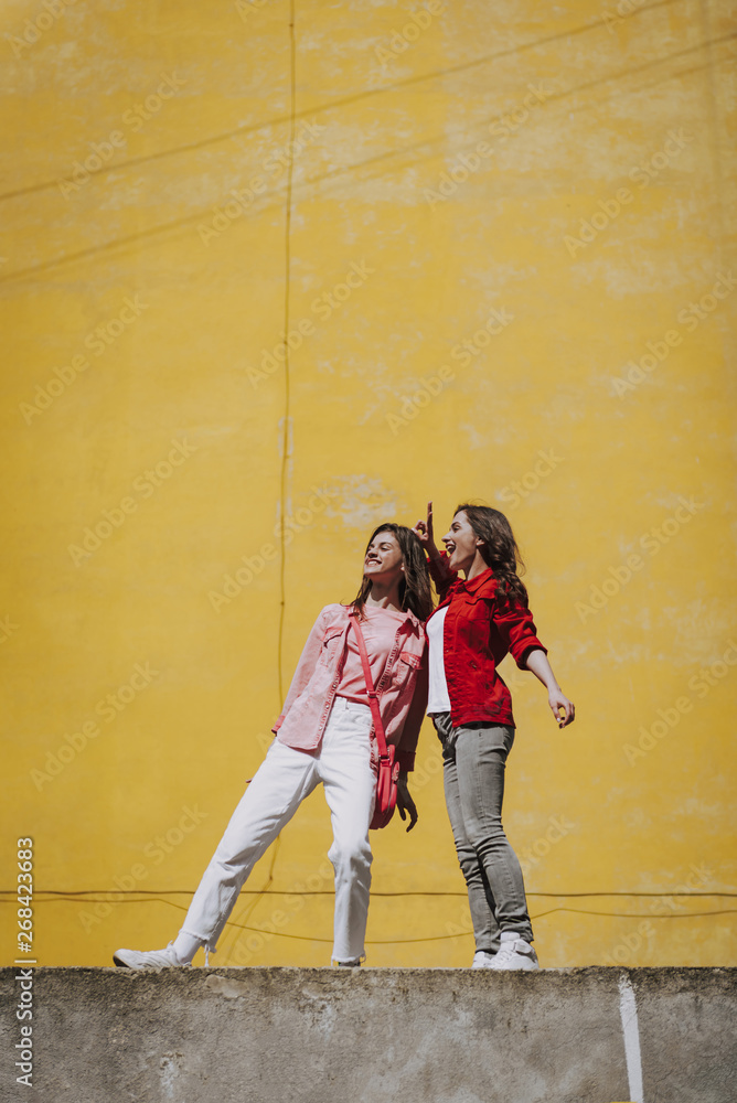 Two happy hipster girls staying on parapet Two happy hipster girls staying on parapet