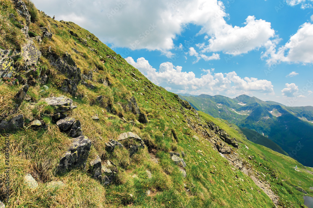 slope of the mountain ridge. summer landscape with rocks among grass and clouds on the blue sky. popular destination of Romania Carpathians